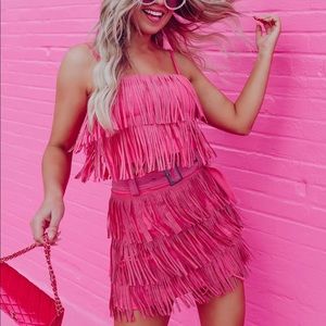 Rhinestone Diva Fringe Crop Top and Matching Skirt in Pink